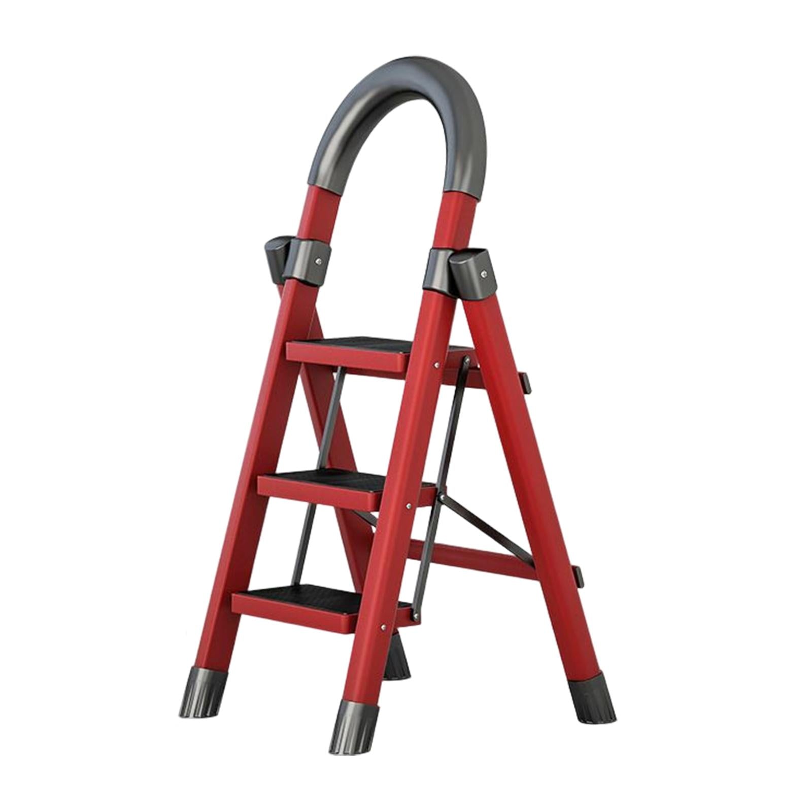 Steel Folding Ladder Stepladder Non Slip for Indoor Outdoor Kitchen Adults Red 3 Step