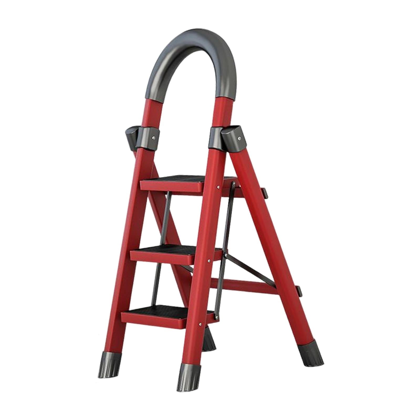 Steel Folding Ladder Stepladder Non Slip for Indoor Outdoor Kitchen Adults Red 3 Step