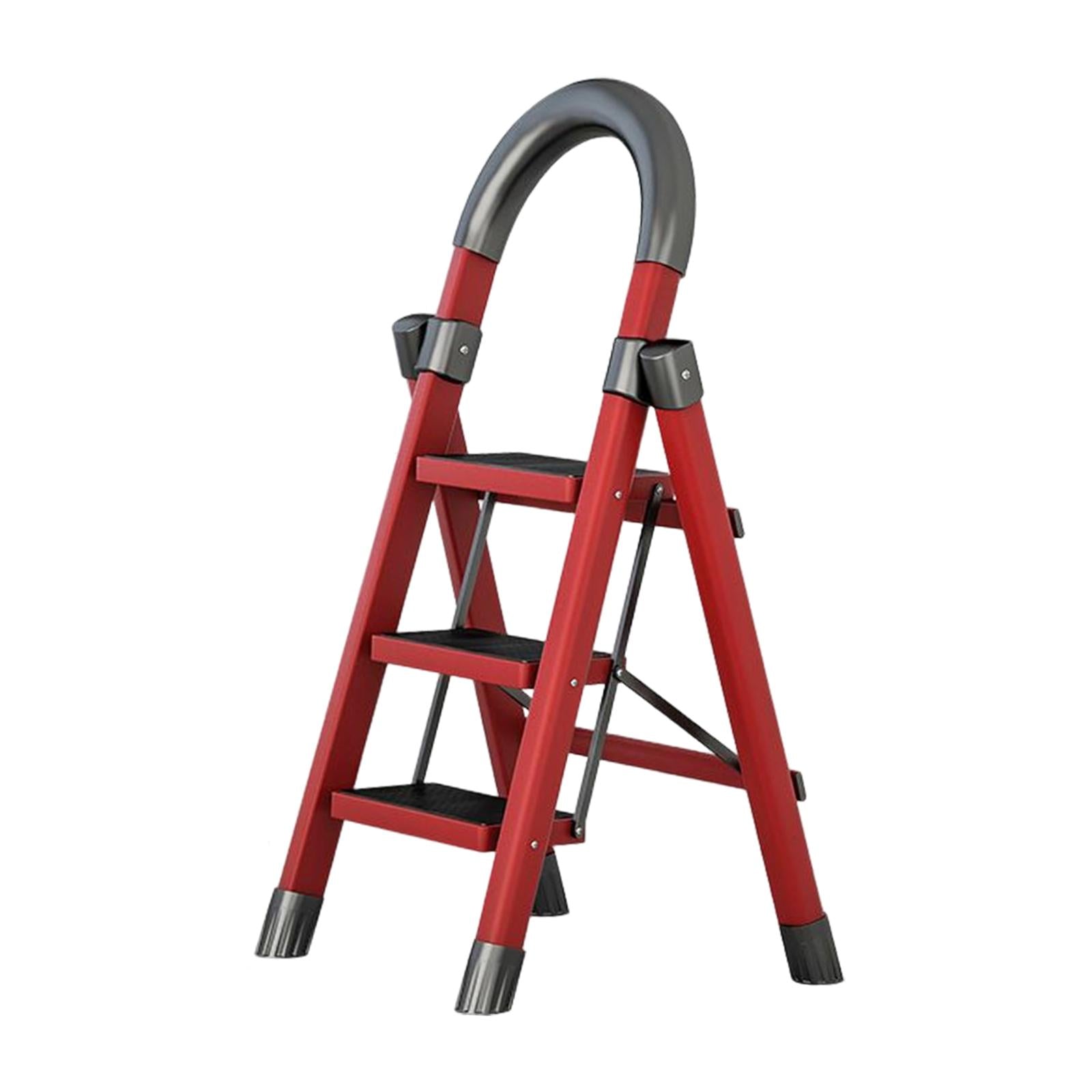 Steel Folding Ladder Stepladder Non Slip for Indoor Outdoor Kitchen Adults Red 3 Step