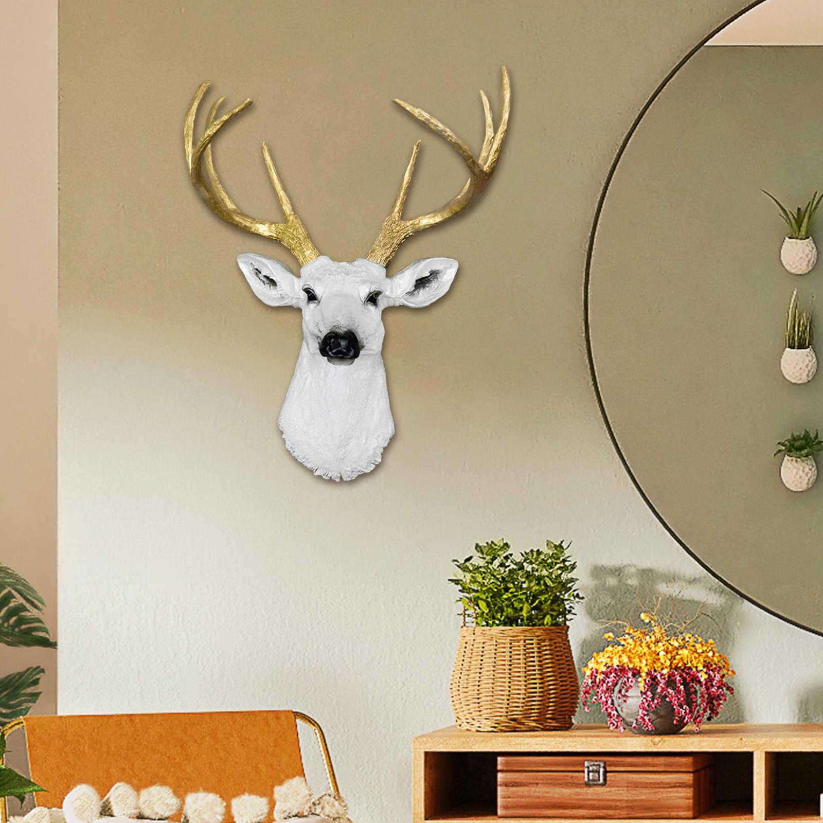 Wall Mount Deer Head Statue Collection Sculpture for Living Room Farmhouse White and Aureate