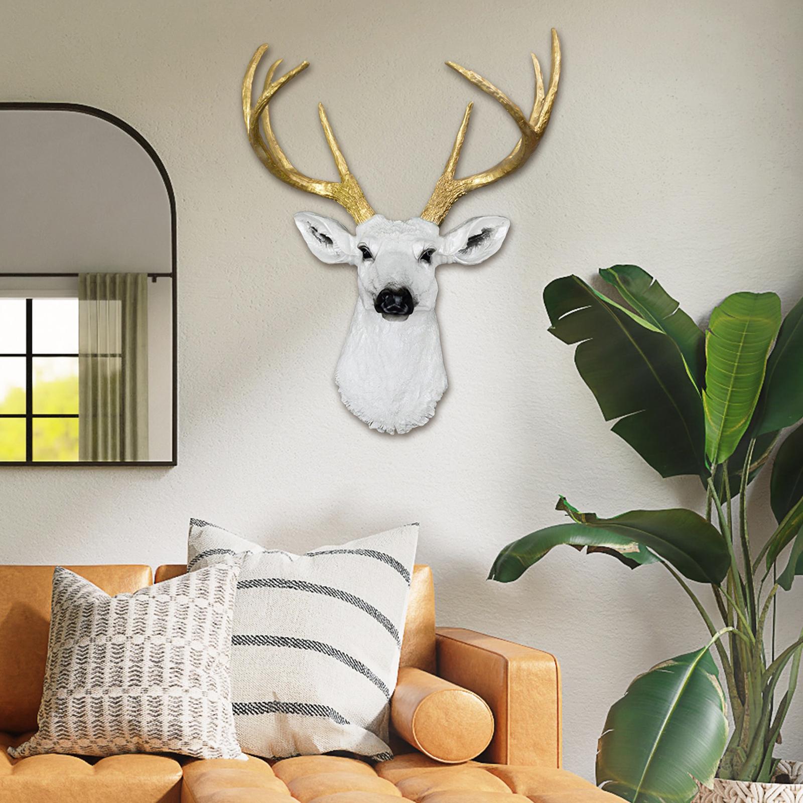 Wall Mount Deer Head Statue Collection Sculpture for Living Room Farmhouse White and Aureate