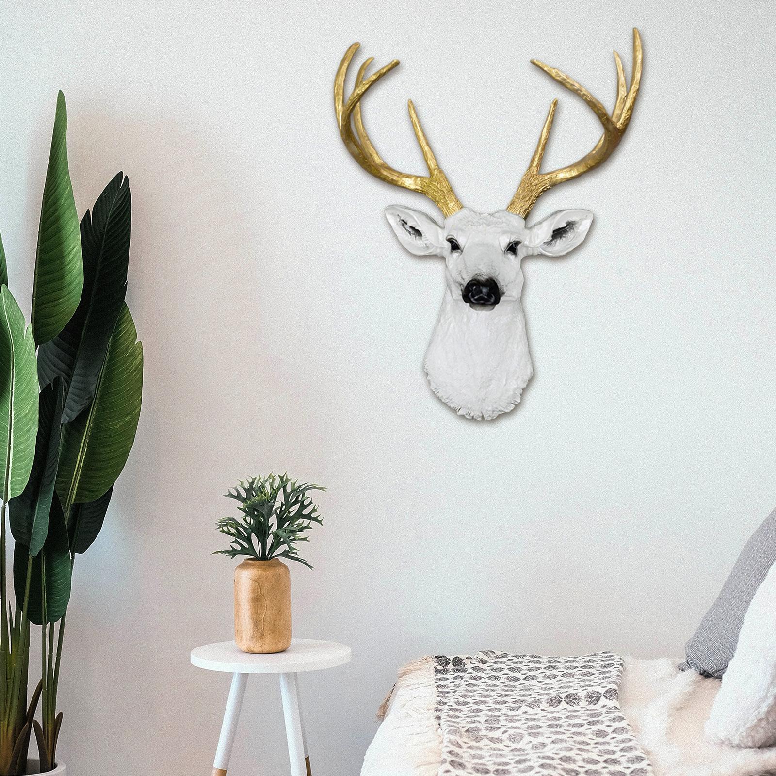 Wall Mount Deer Head Statue Collection Sculpture for Living Room Farmhouse White and Aureate