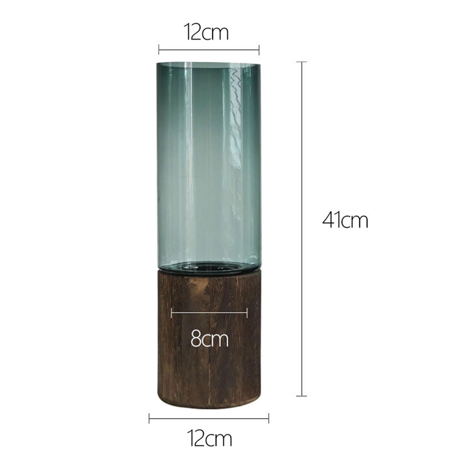 Glass Flower Vase Wood Base Decorative Candle Holder Home Desktop Plants Pot Style E 12x12x41cm