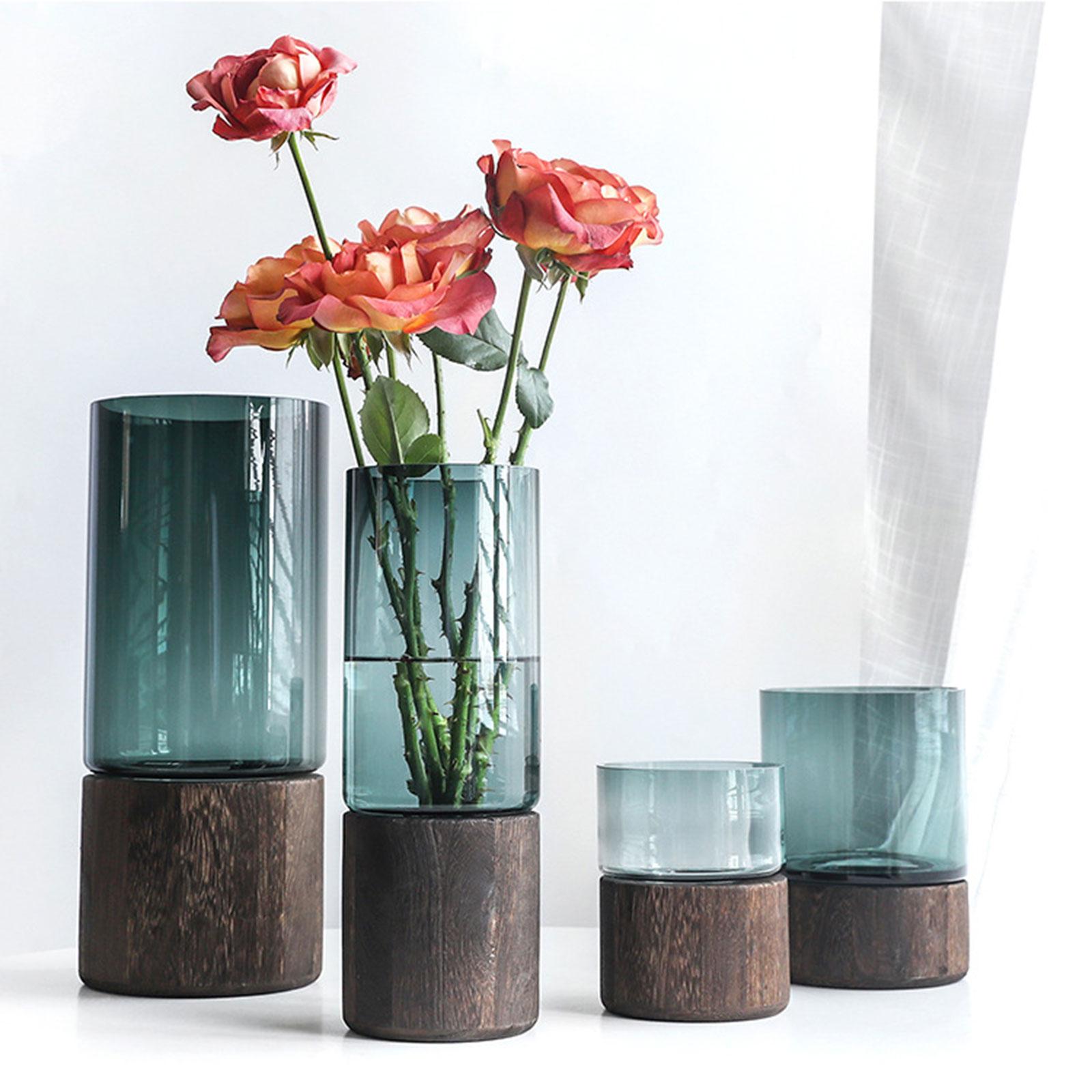 Glass Flower Vase Wood Base Decorative Candle Holder Home Desktop Plants Pot Style E 12x12x41cm