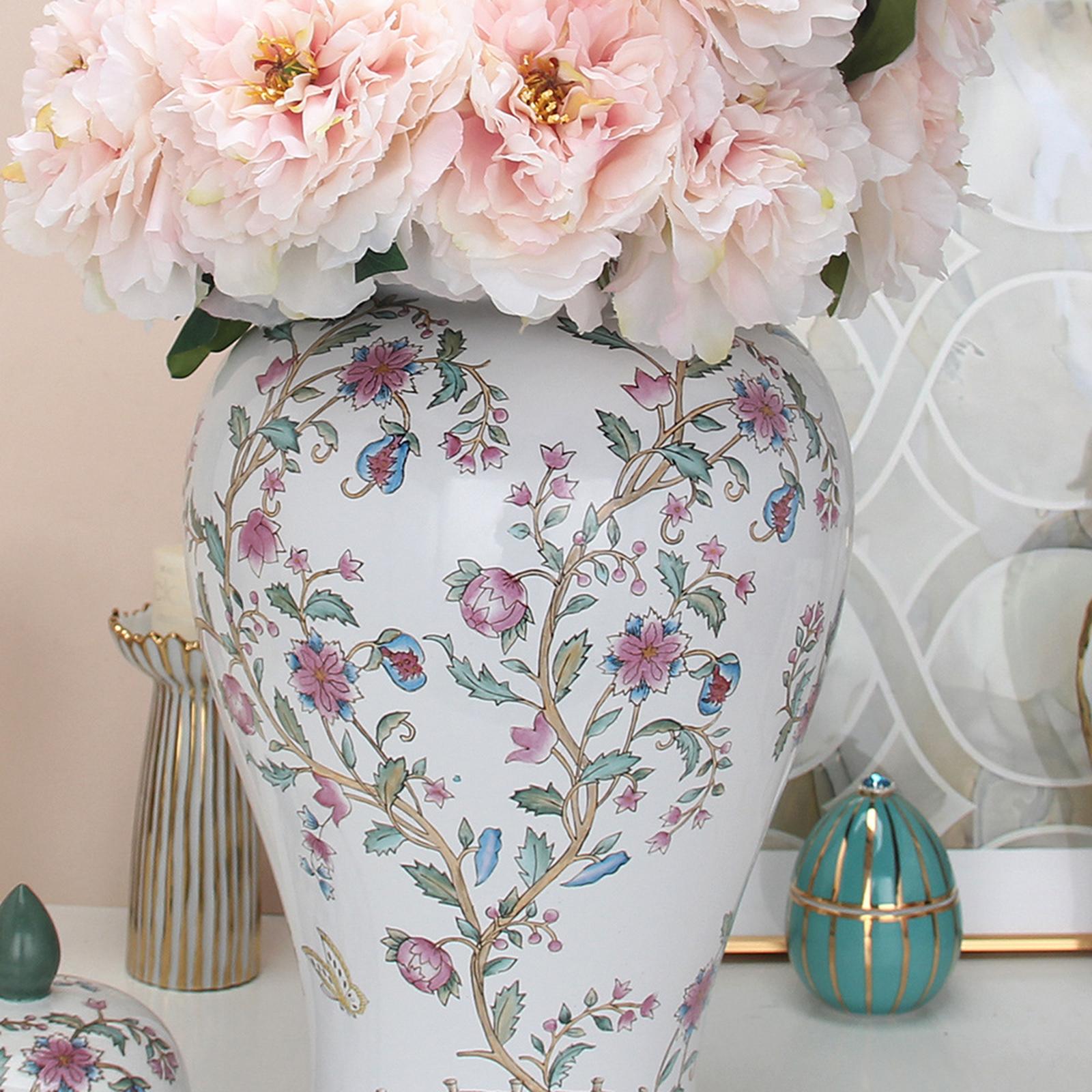 Ceramic Flower Vase Temple Jar Dining Table with Lid Porcelain Ginger Jar Red Flowers