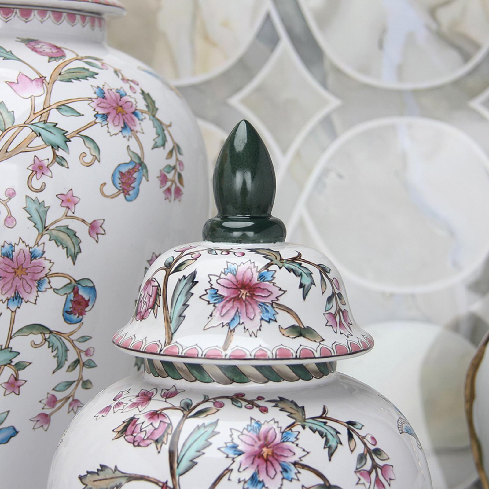 Ceramic Flower Vase Temple Jar Dining Table with Lid Porcelain Ginger Jar Red Flowers