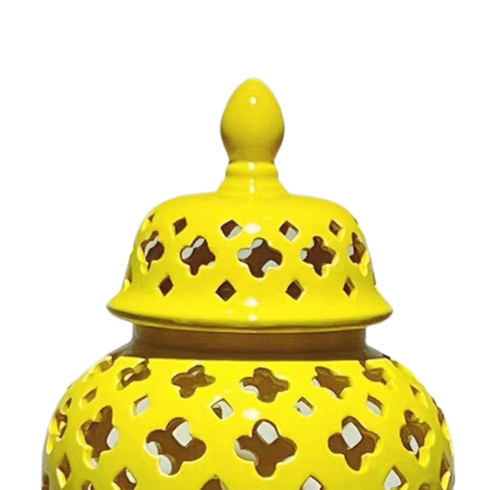 Ceramic Carved Lattice Ginger Jar Storage Jar Vase Living Room Decor Elegant Yellow Size L