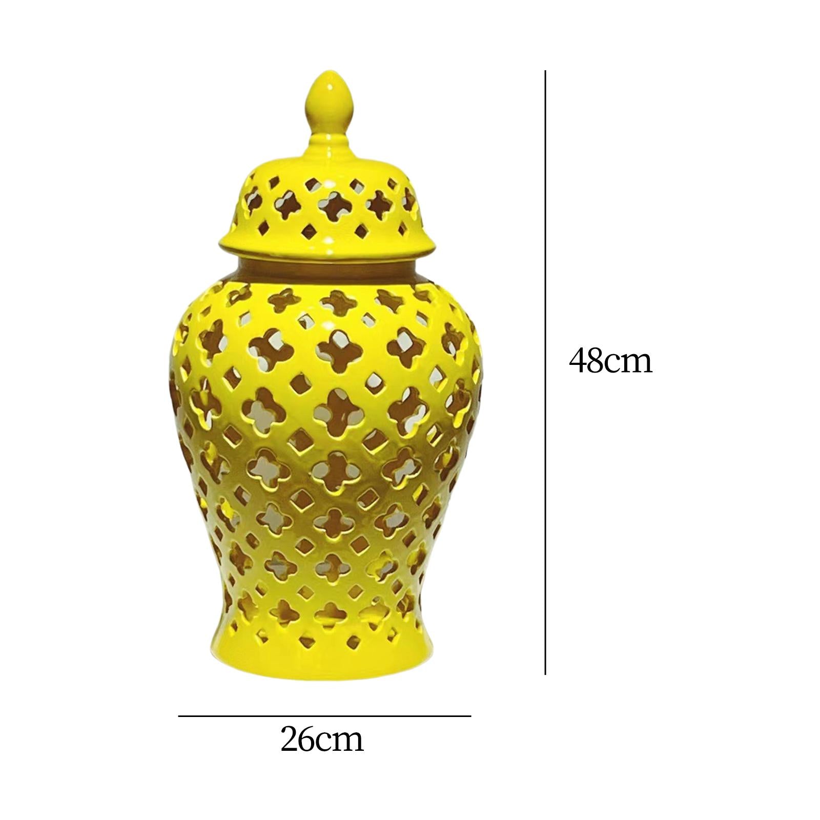 Ceramic Carved Lattice Ginger Jar Storage Jar Vase Living Room Decor Elegant Yellow Size L