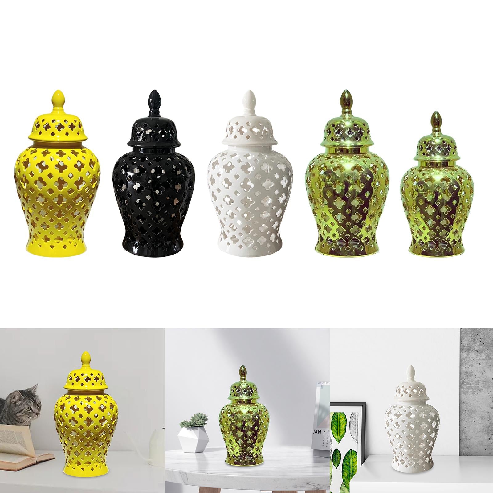 Ceramic Carved Lattice Ginger Jar Storage Jar Vase Living Room Decor Elegant Yellow Size L