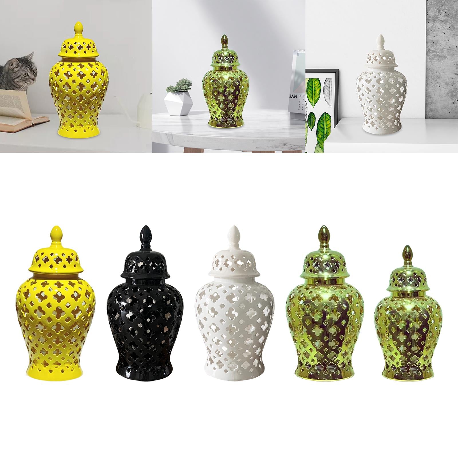 Ceramic Carved Lattice Ginger Jar Storage Jar Vase Living Room Decor Elegant Yellow Size L