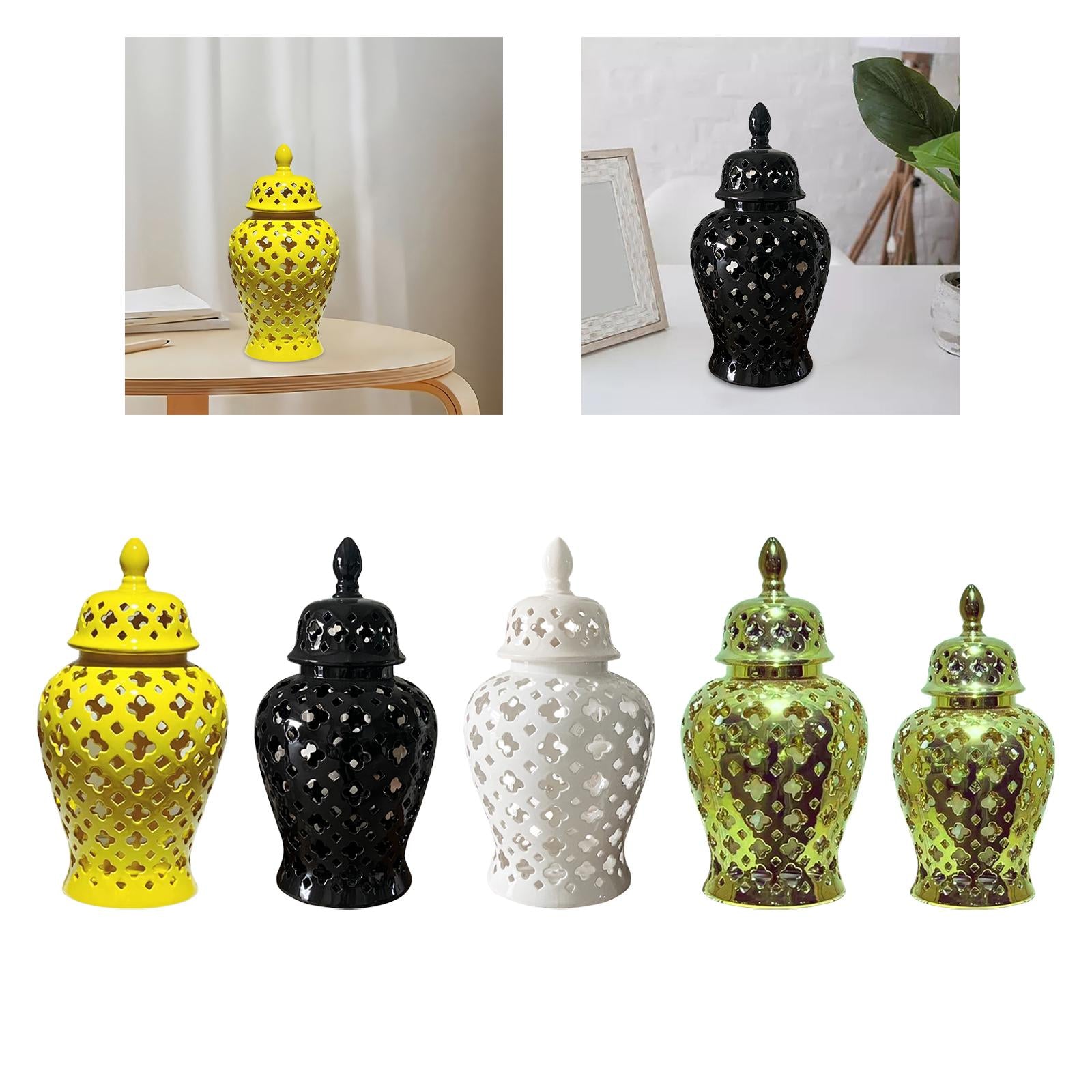 Ceramic Carved Lattice Ginger Jar Storage Jar Vase Living Room Decor Elegant Yellow Size L