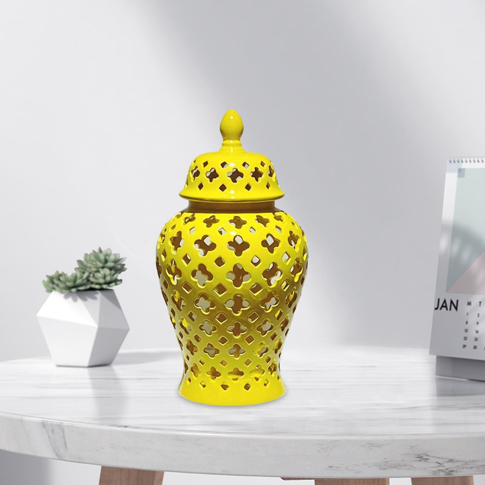 Ceramic Carved Lattice Ginger Jar Storage Jar Vase Living Room Decor Elegant Yellow Size L