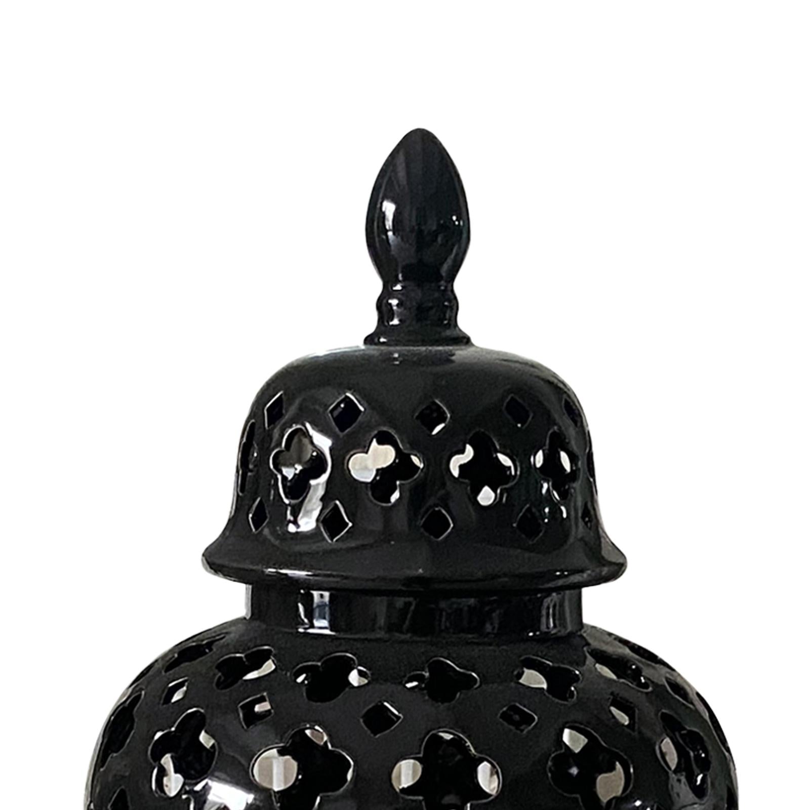 Ceramic Carved Lattice Ginger Jar Storage Jar Vase Living Room Decor Elegant Black Size L