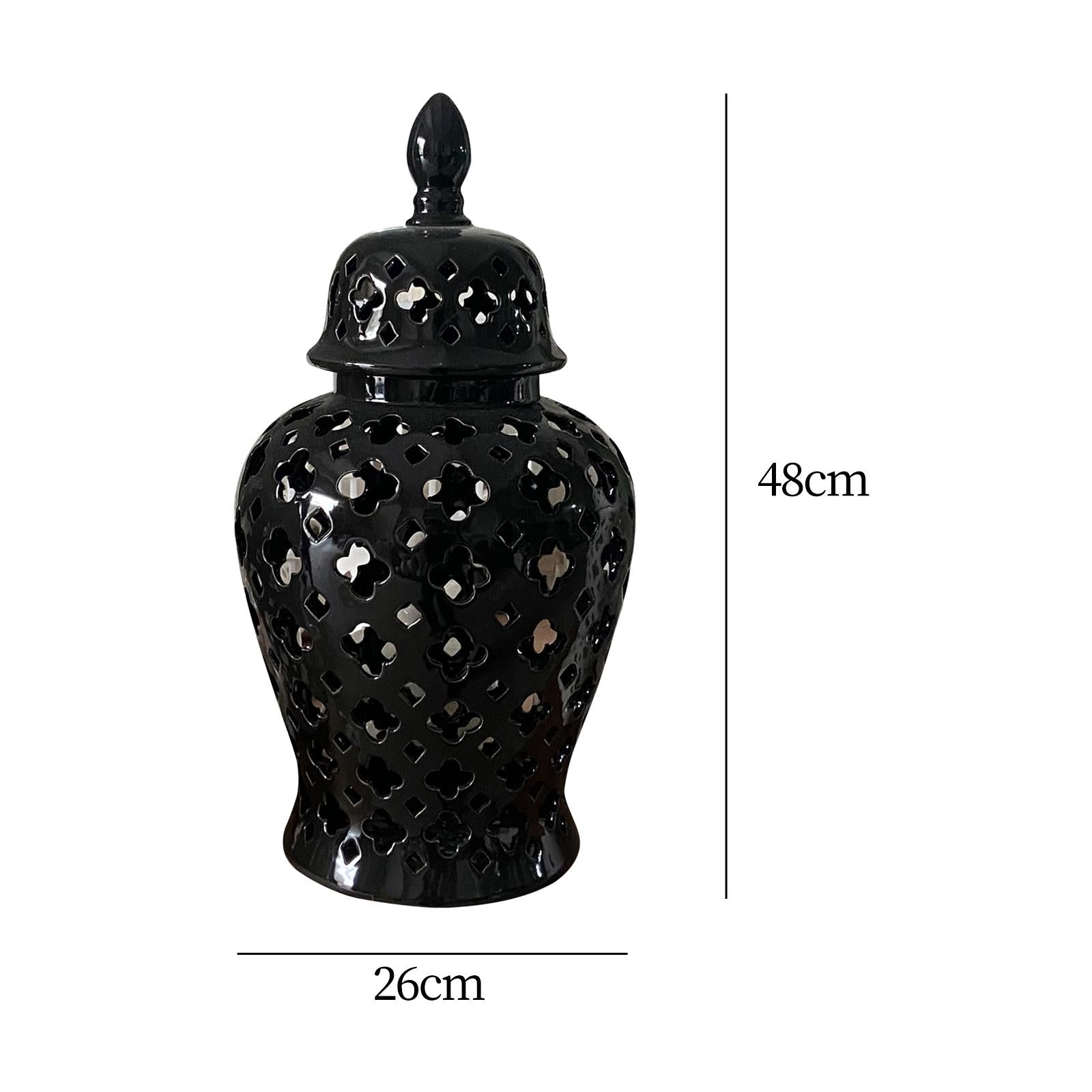 Ceramic Carved Lattice Ginger Jar Storage Jar Vase Living Room Decor Elegant Black Size L