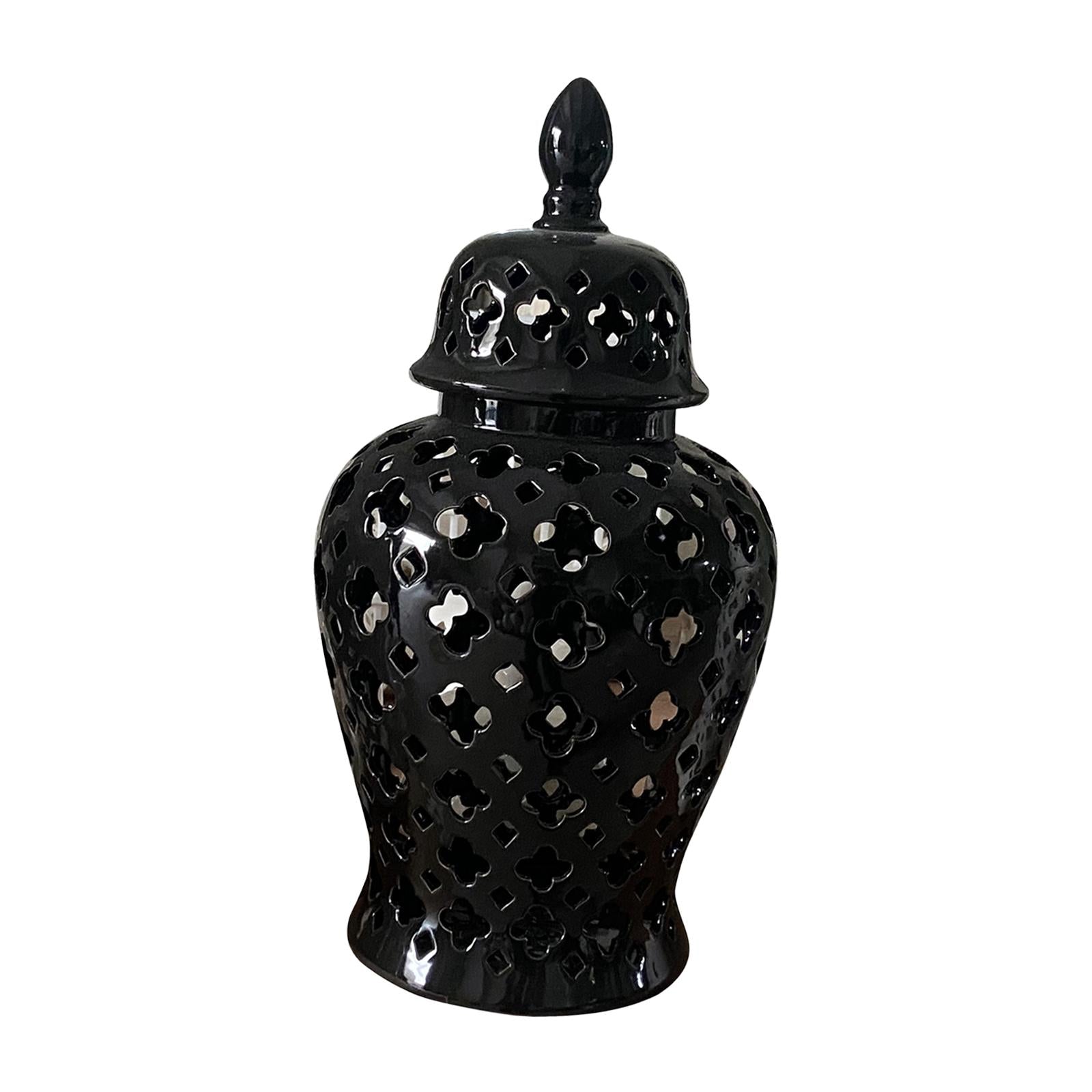 Ceramic Carved Lattice Ginger Jar Storage Jar Vase Living Room Decor Elegant Black Size L