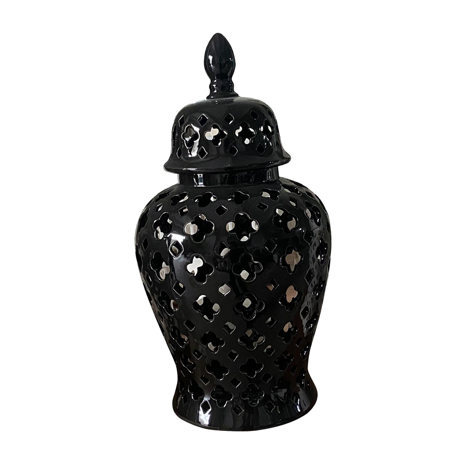 Ceramic Carved Lattice Ginger Jar Storage Jar Vase Living Room Decor Elegant Black Size L