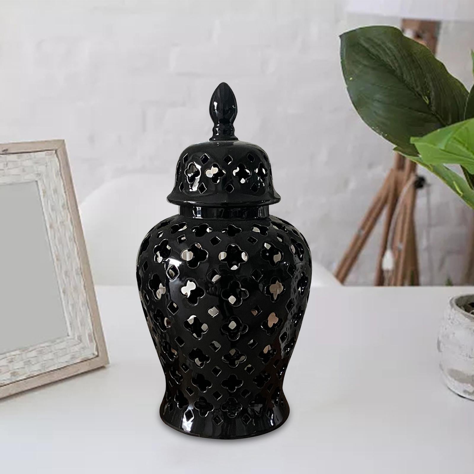 Ceramic Carved Lattice Ginger Jar Storage Jar Vase Living Room Decor Elegant Black Size L