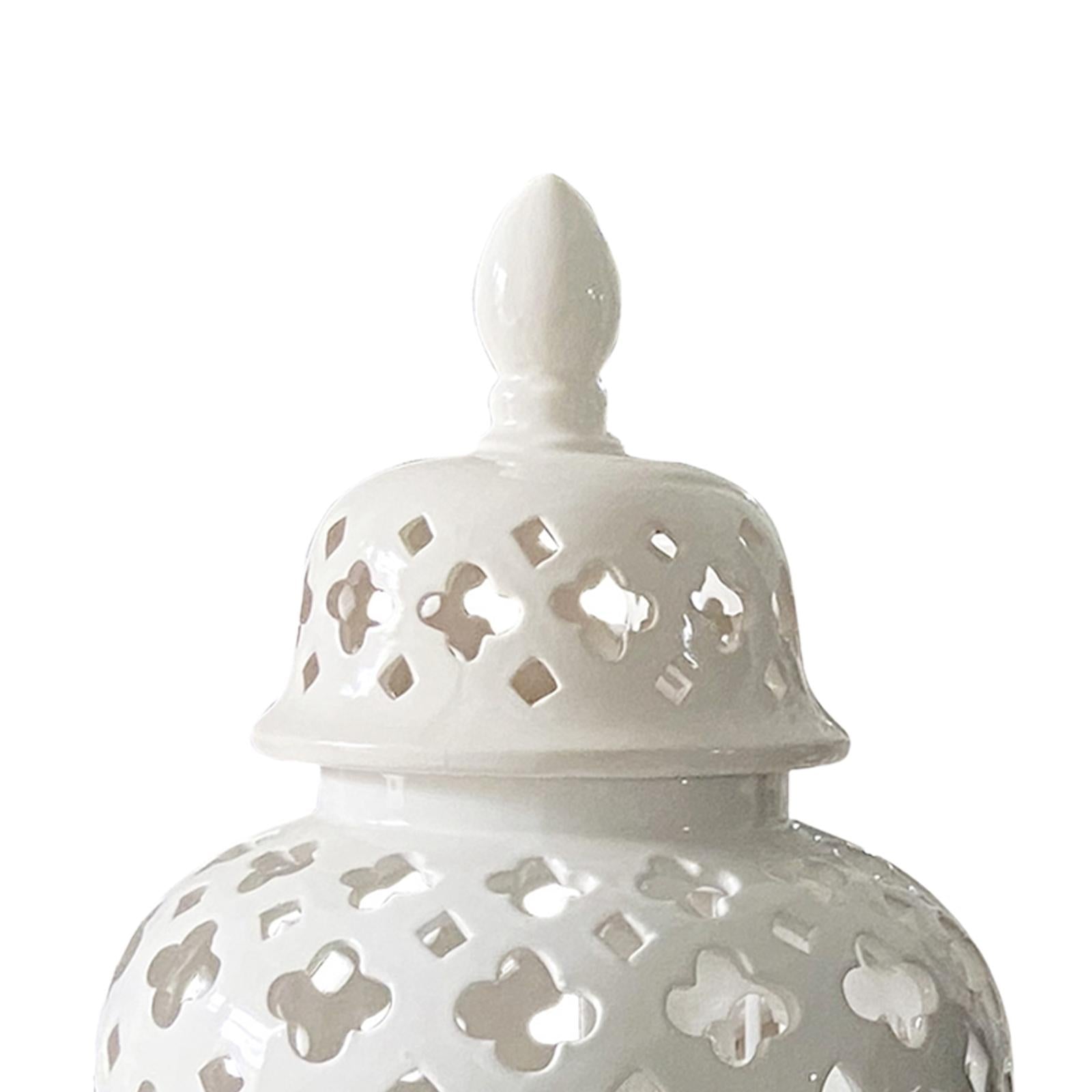 Ceramic Carved Lattice Ginger Jar Storage Jar Vase Living Room Decor Elegant White Size L