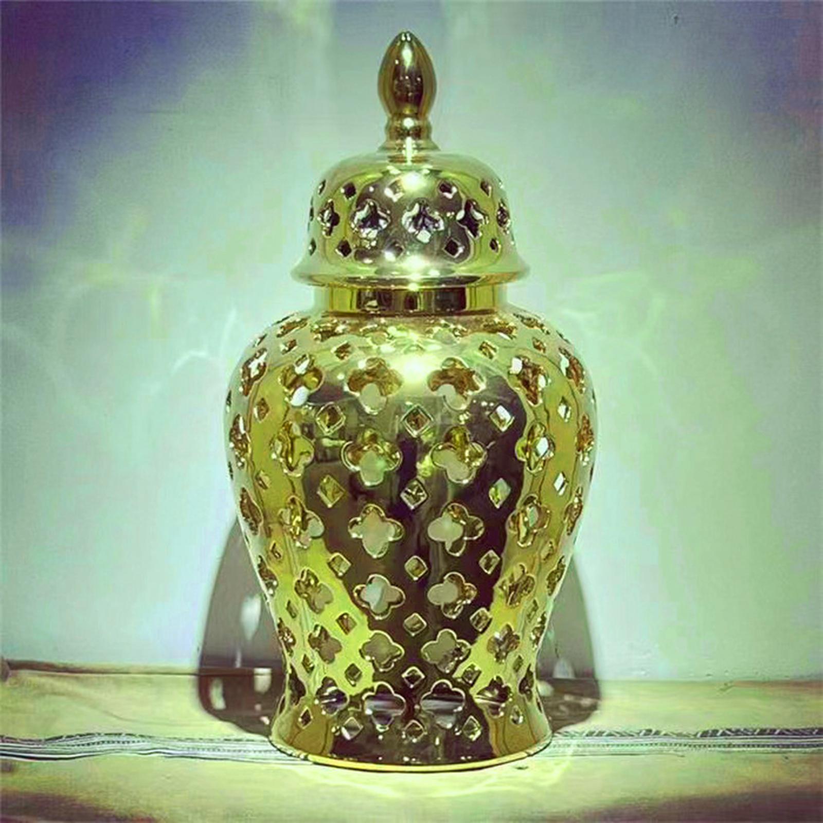 Ceramic Carved Lattice Ginger Jar Storage Jar Vase Living Room Decor Elegant Aureate Size L