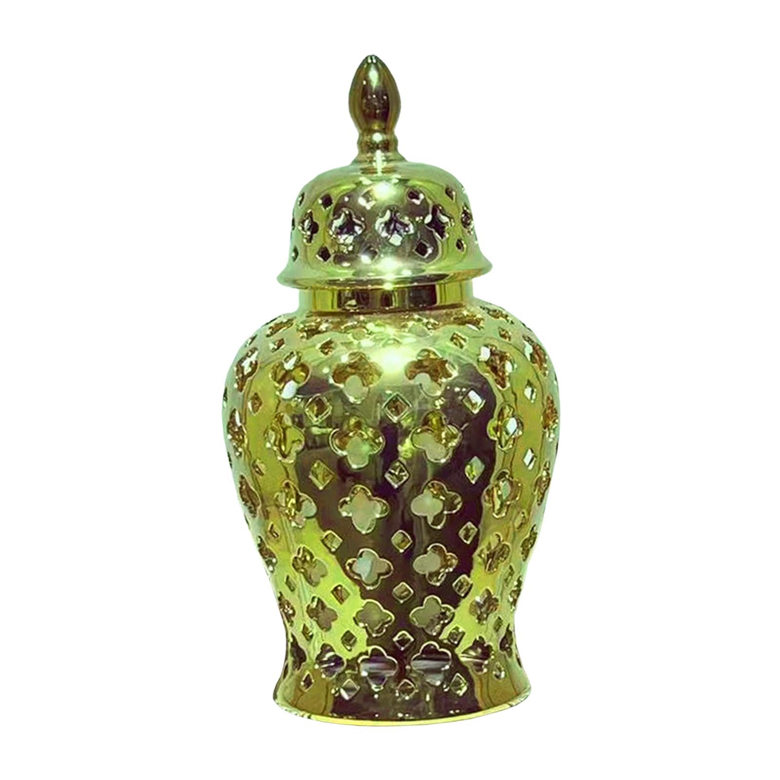 Ceramic Carved Lattice Ginger Jar Storage Jar Vase Living Room Decor Elegant Aureate Size L