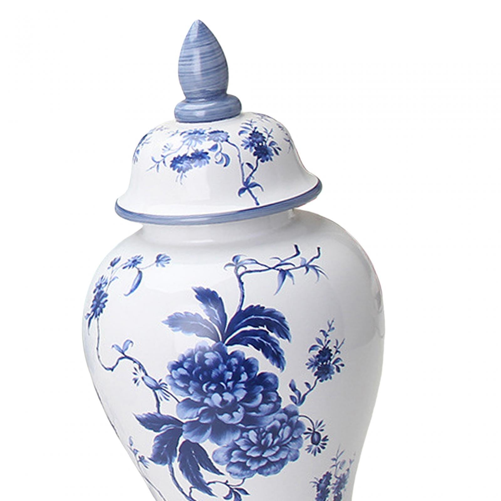 Blue and White Ceramic Glazed Ginger Jar Tea Storage Jar with Lid for Office