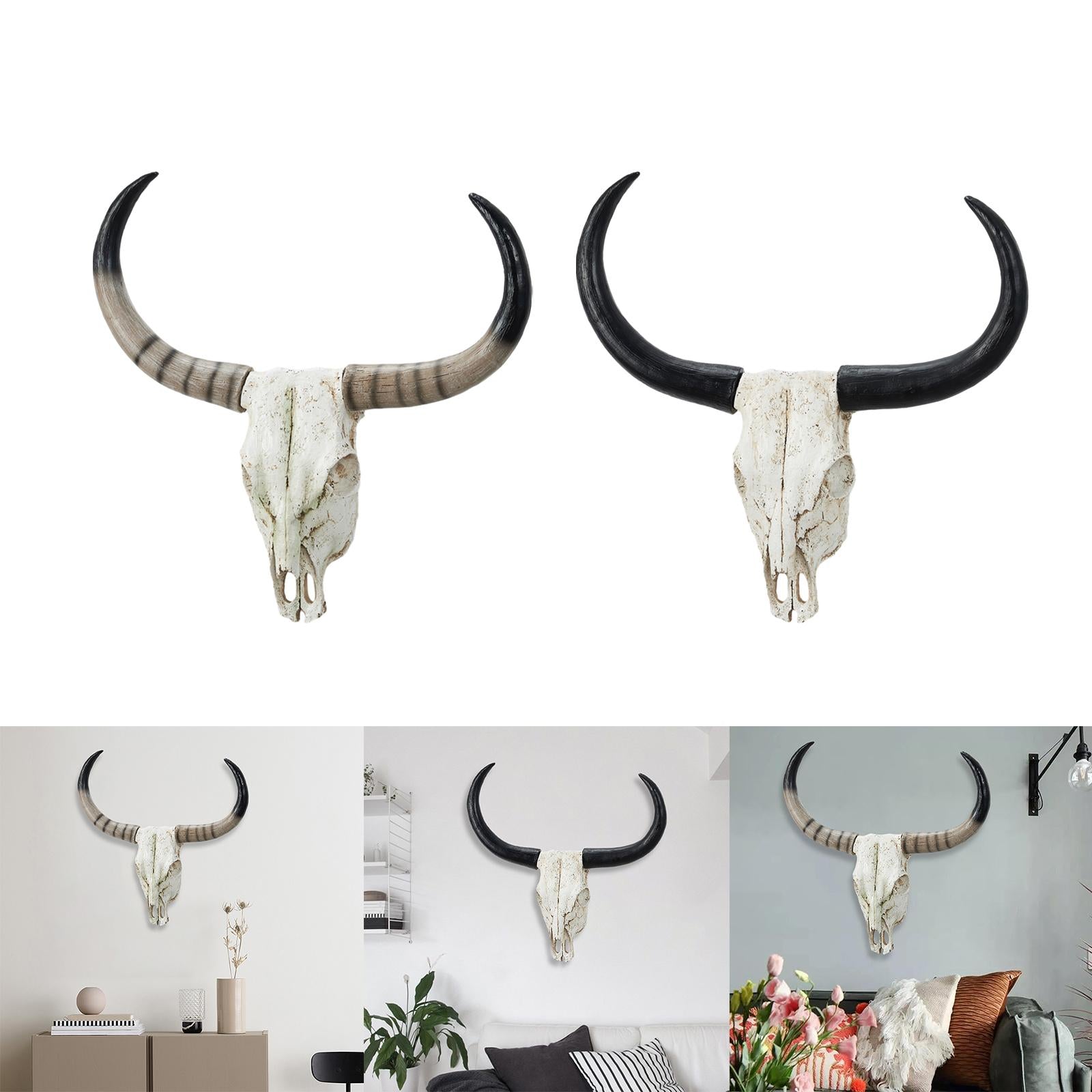 Long Horn Cow Skull Wall Sculpture Animals Heads Wall Decor for Cabinet Home Brown