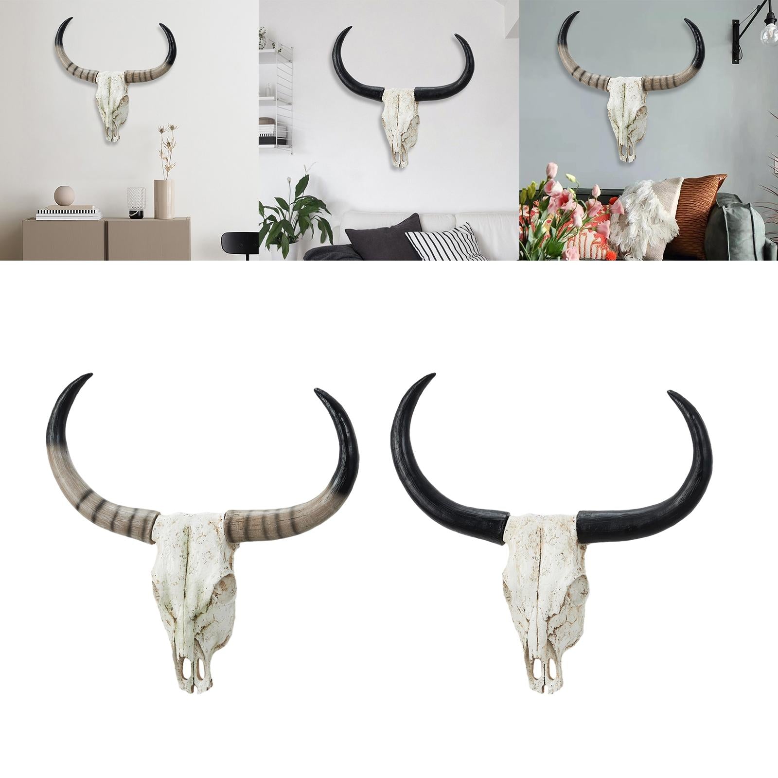 Long Horn Cow Skull Wall Sculpture Animals Heads Wall Decor for Cabinet Home Brown