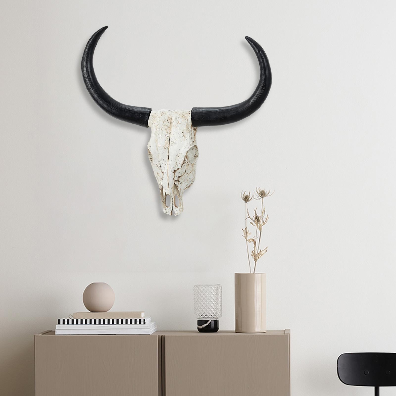 Long Horn Cow Skull Wall Sculpture Animals Heads Wall Decor for Cabinet Home Black