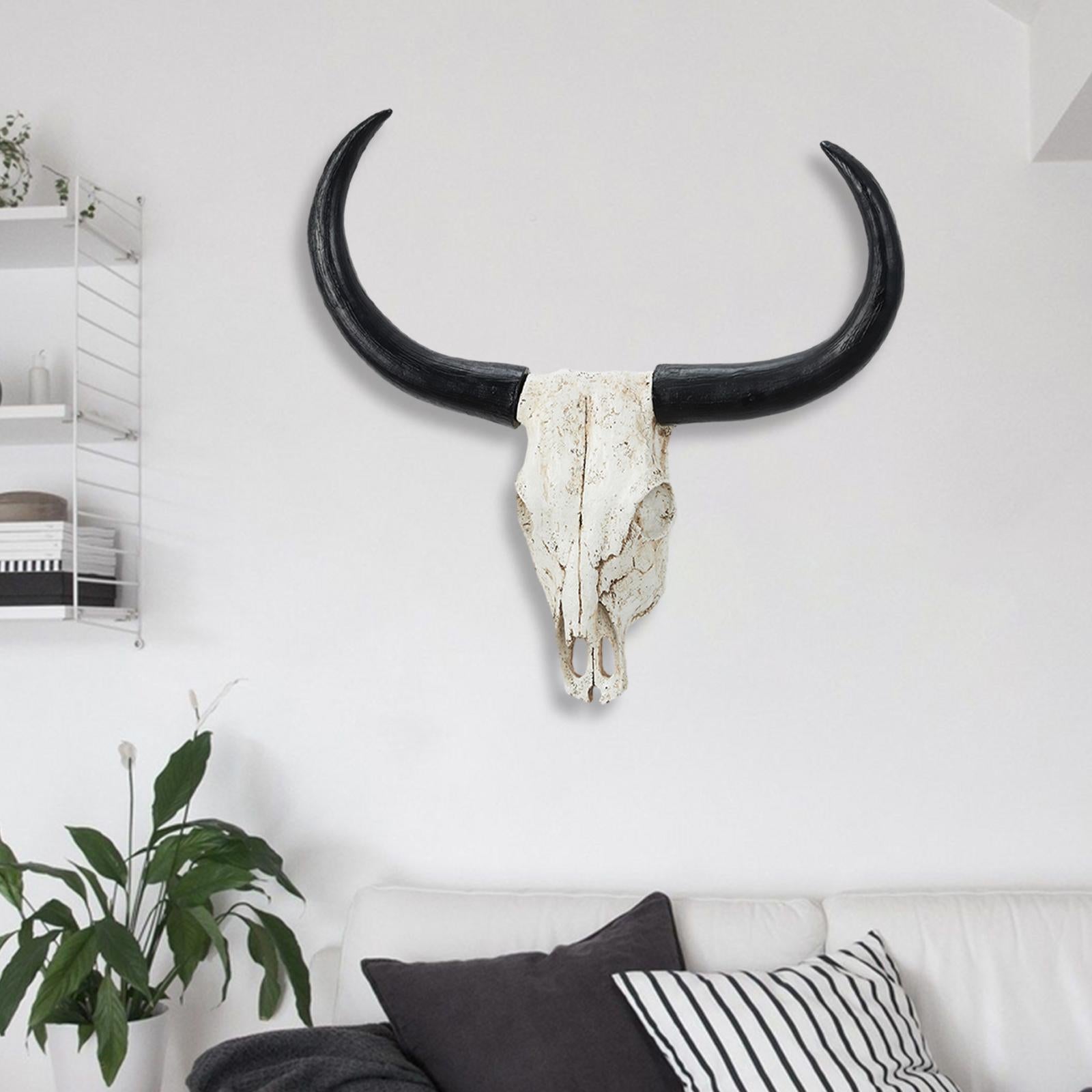 Long Horn Cow Skull Wall Sculpture Animals Heads Wall Decor for Cabinet Home Black