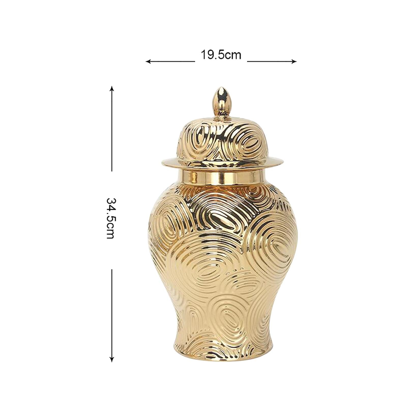 Ceramic Vase Ginger Jar with Lid Golden Pattern for Office Decoration Size S 34.5x19.5cm