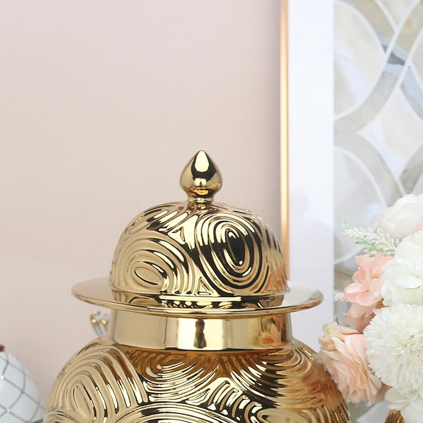 Ceramic Vase Ginger Jar with Lid Golden Pattern for Office Decoration Size S 34.5x19.5cm