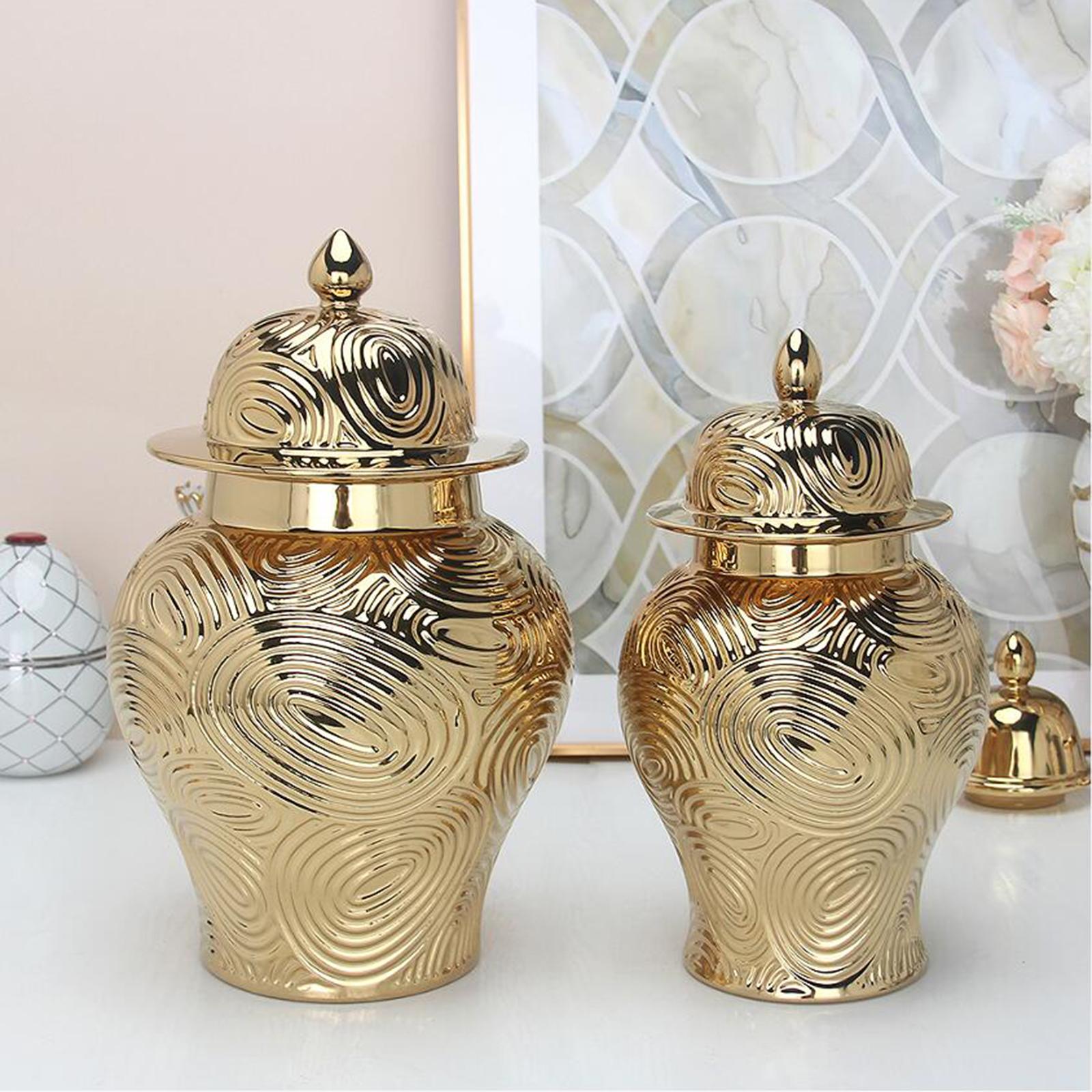 Ceramic Vase Ginger Jar with Lid Golden Pattern for Office Decoration Size S 34.5x19.5cm