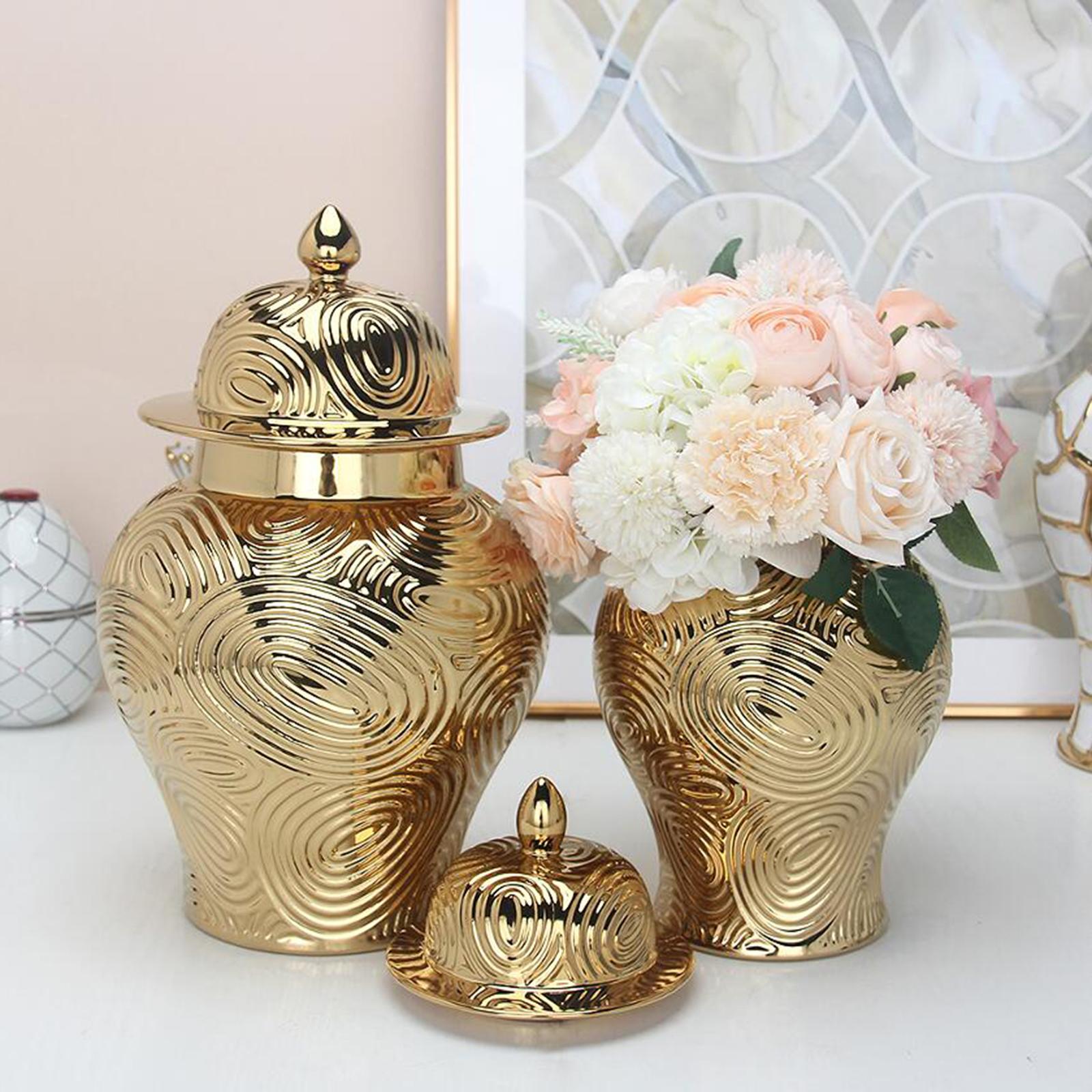 Ceramic Vase Ginger Jar with Lid Golden Pattern for Office Decoration Size S 34.5x19.5cm