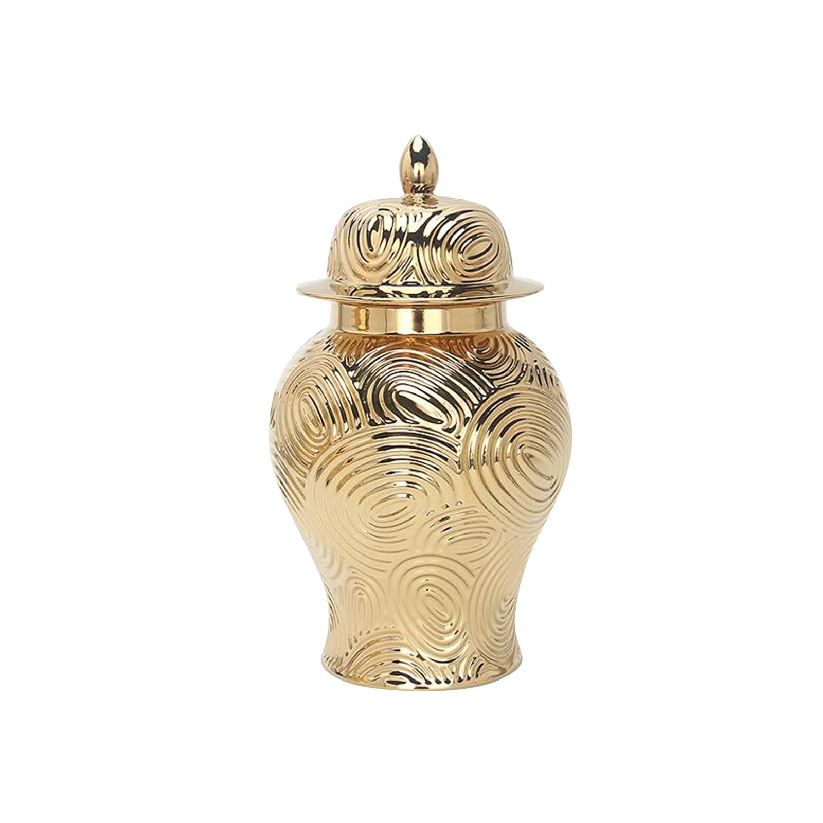 Ceramic Vase Ginger Jar with Lid Golden Pattern for Office Decoration Size S 34.5x19.5cm