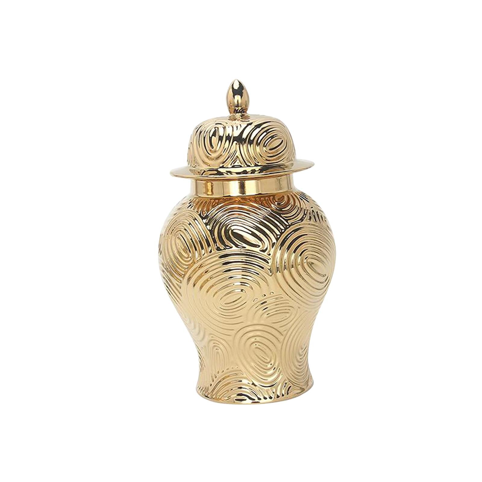 Ceramic Vase Ginger Jar with Lid Golden Pattern for Office Decoration Size S 34.5x19.5cm