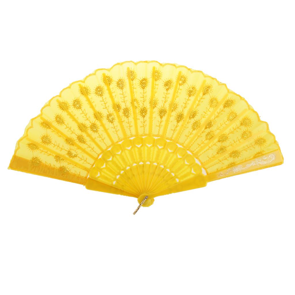 Yellow Fabric Hand Fan Bronzing Sequin Plastic Folding Purse Girl Party Gift