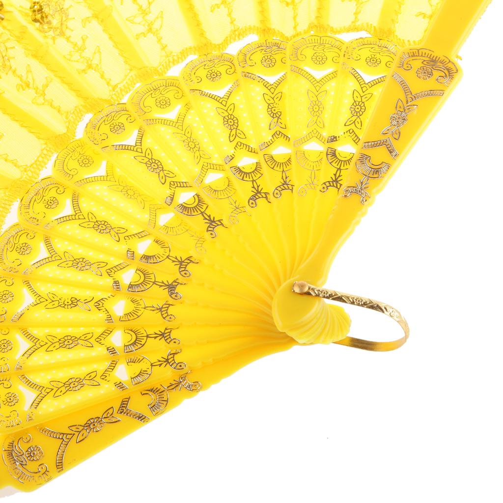 Yellow Fabric Hand Fan Bronzing Sequin Plastic Folding Purse Girl Party Gift