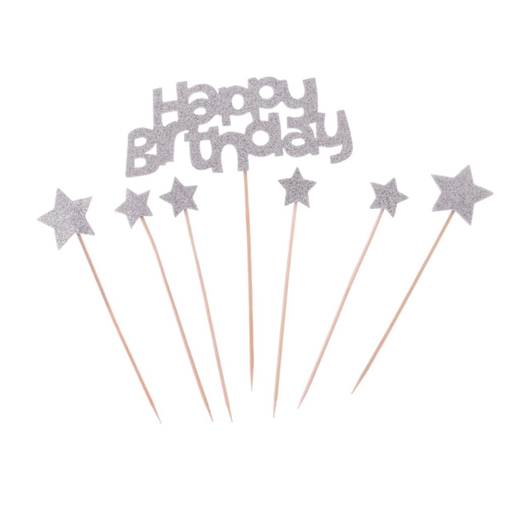 1 Set Foam Happy Birthday Party Star Style Cake Topper Food Picks Silver