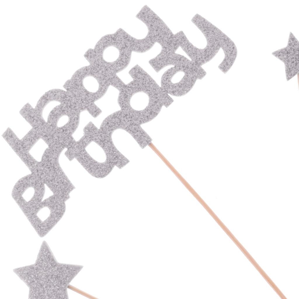 1 Set Foam Happy Birthday Party Star Style Cake Topper Food Picks Silver