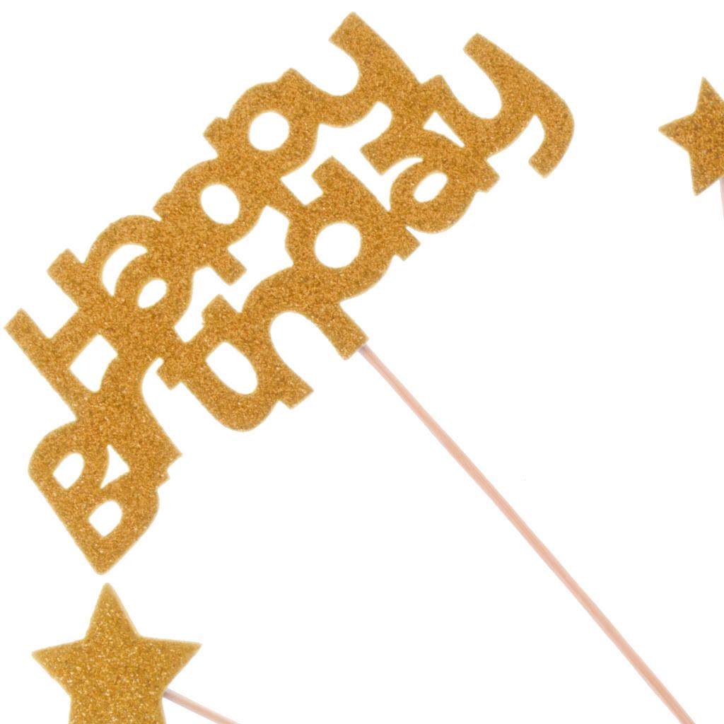 1 Set Foam Happy Birthday Party Star Style Cake Topper Food Picks Gold