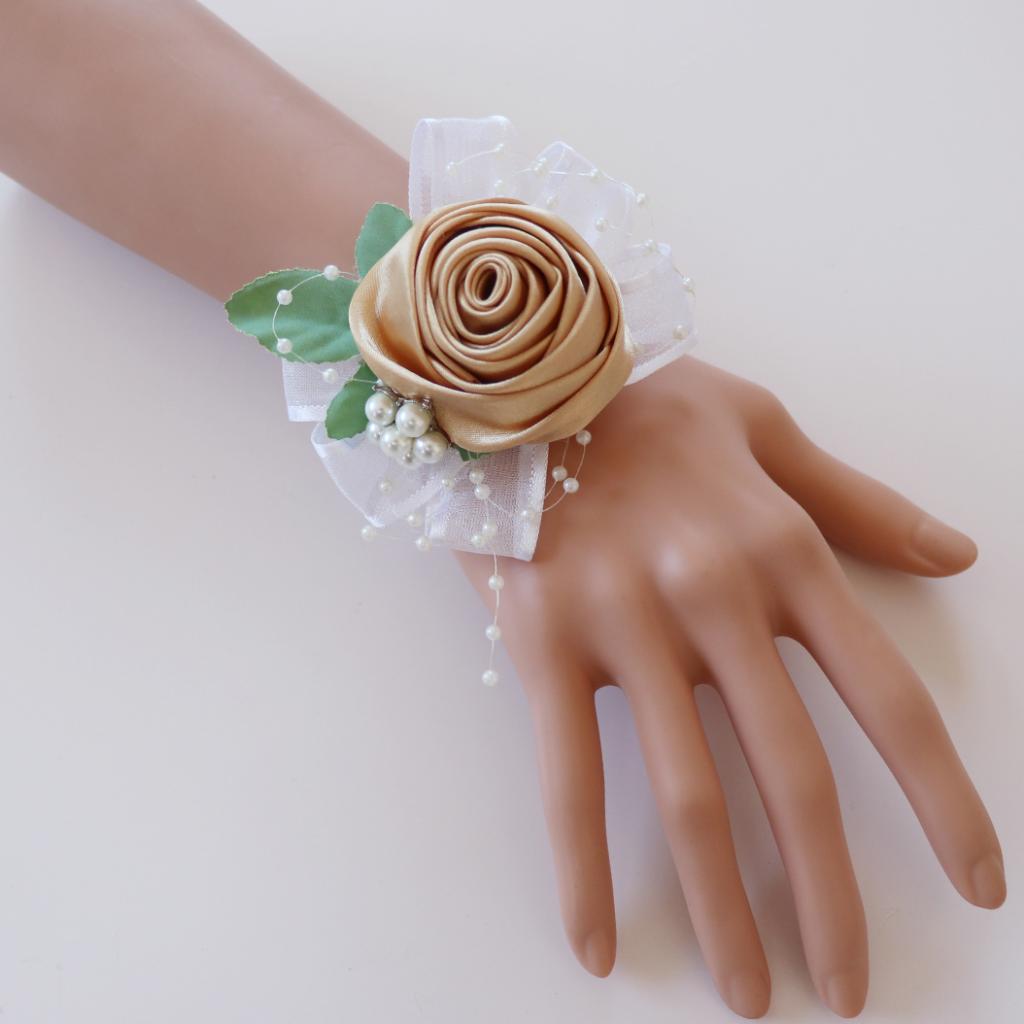 Wrist Corsage Bridal Stretchy Bracelet Wedding Prom Hand Flower Champagne