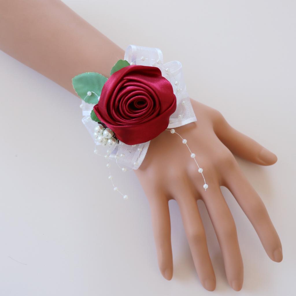 Wrist Corsage Bridal Stretchy Bracelet Wedding Prom Hand Flower Wine Red