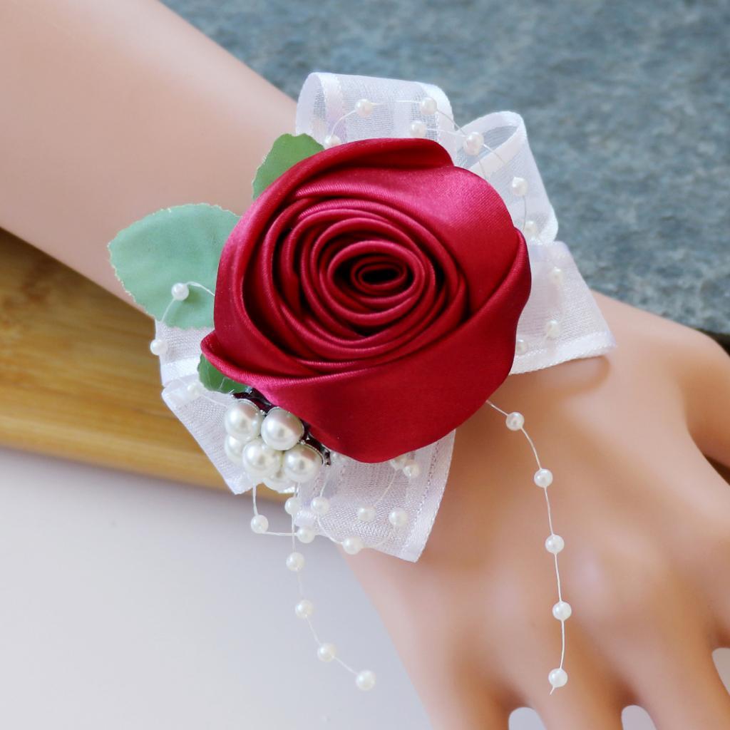 Wrist Corsage Bridal Stretchy Bracelet Wedding Prom Hand Flower Wine Red