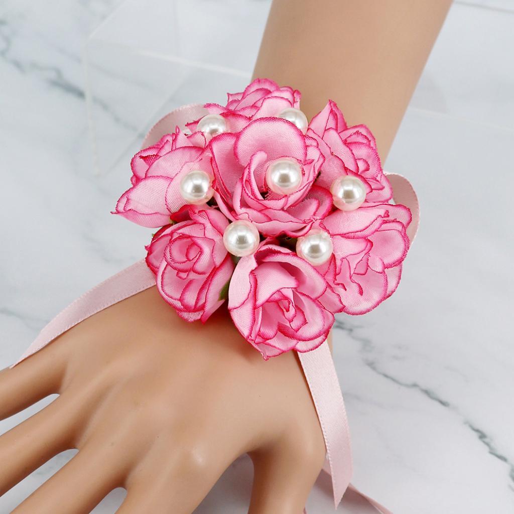 Wrist Corsage Bridal Stretchy Bracelet Wedding Prom Hand Flower  Pink