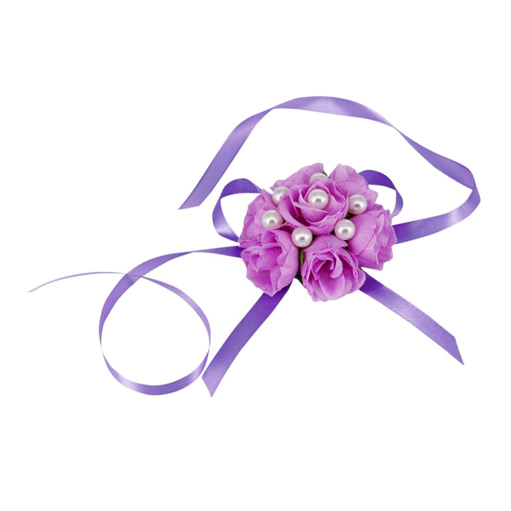 Wrist Corsage Bridal Stretchy Bracelet Wedding Prom Hand Flower  Purple