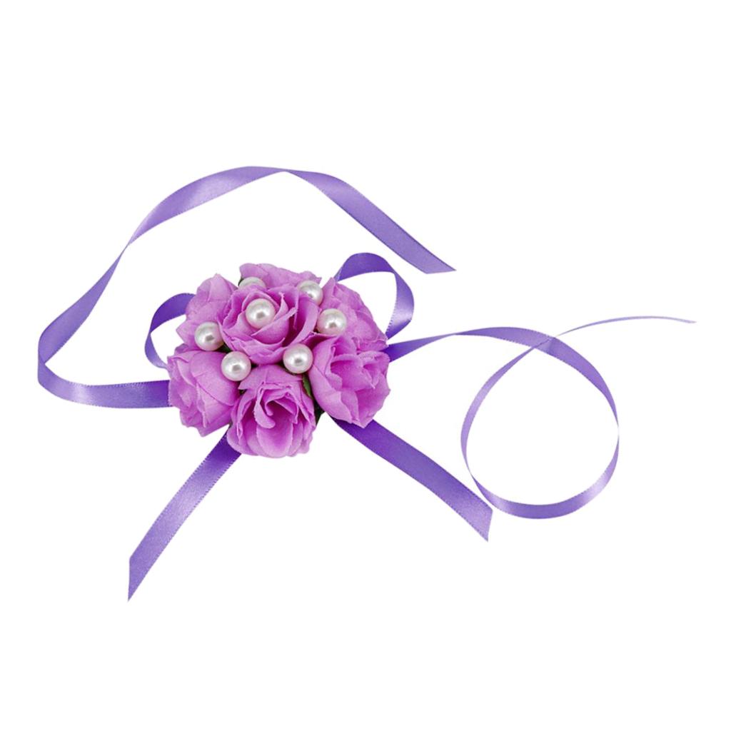 Wrist Corsage Bridal Stretchy Bracelet Wedding Prom Hand Flower  Purple