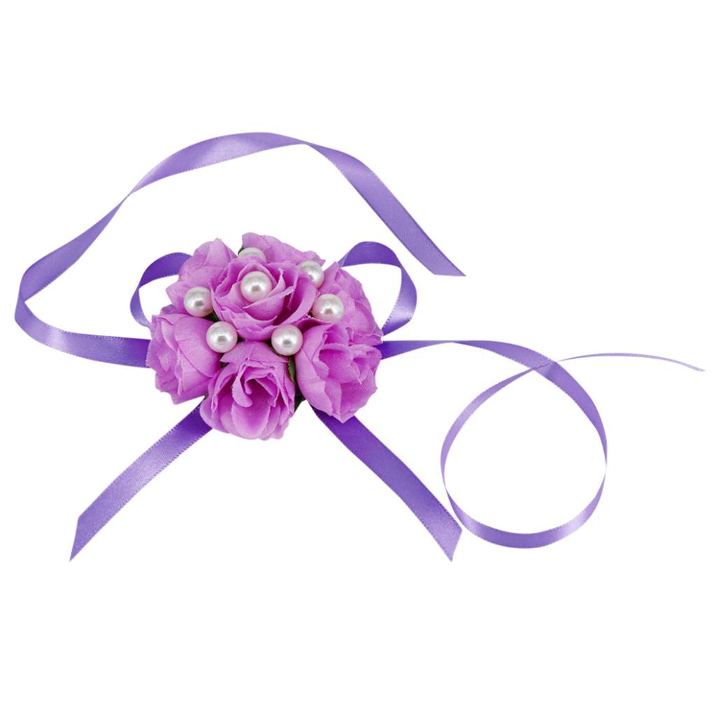 Wrist Corsage Bridal Stretchy Bracelet Wedding Prom Hand Flower  Purple