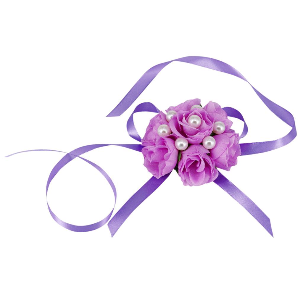 Wrist Corsage Bridal Stretchy Bracelet Wedding Prom Hand Flower  Purple