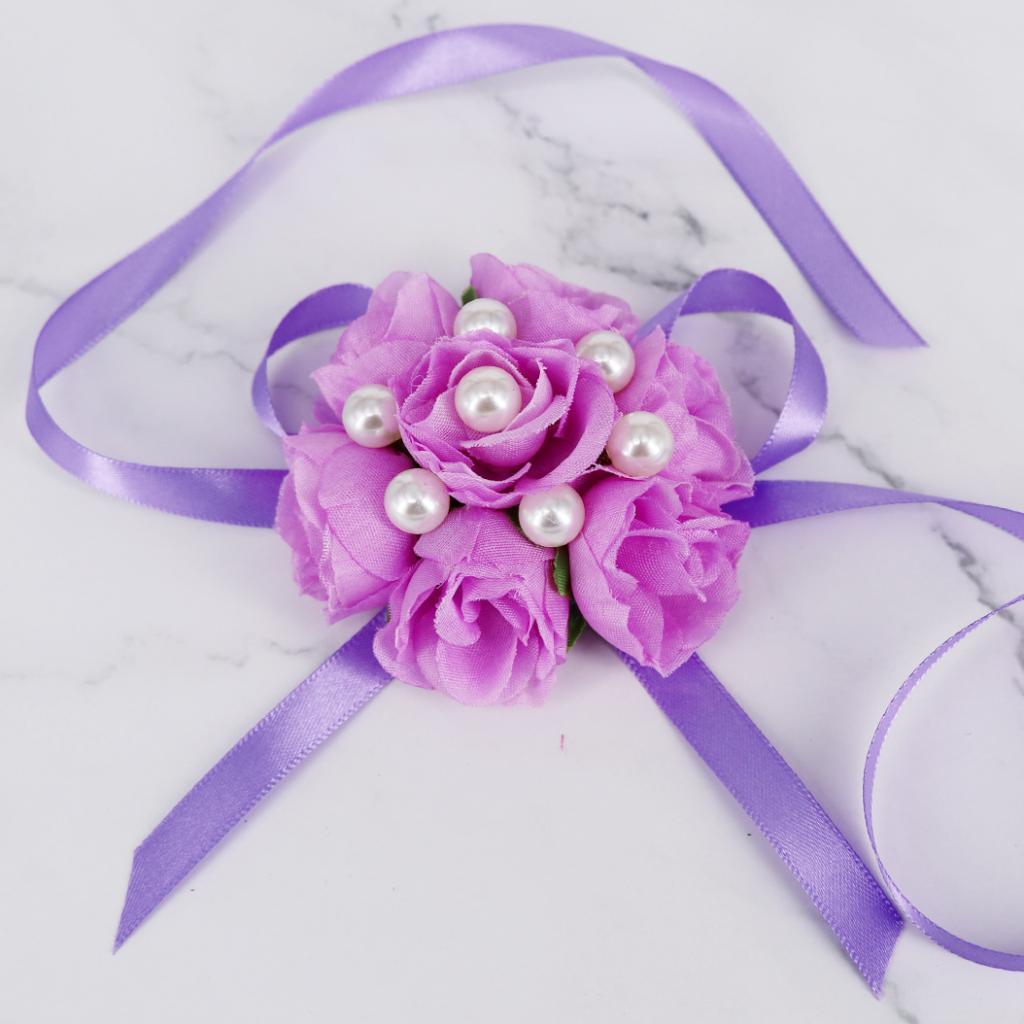 Wrist Corsage Bridal Stretchy Bracelet Wedding Prom Hand Flower  Purple