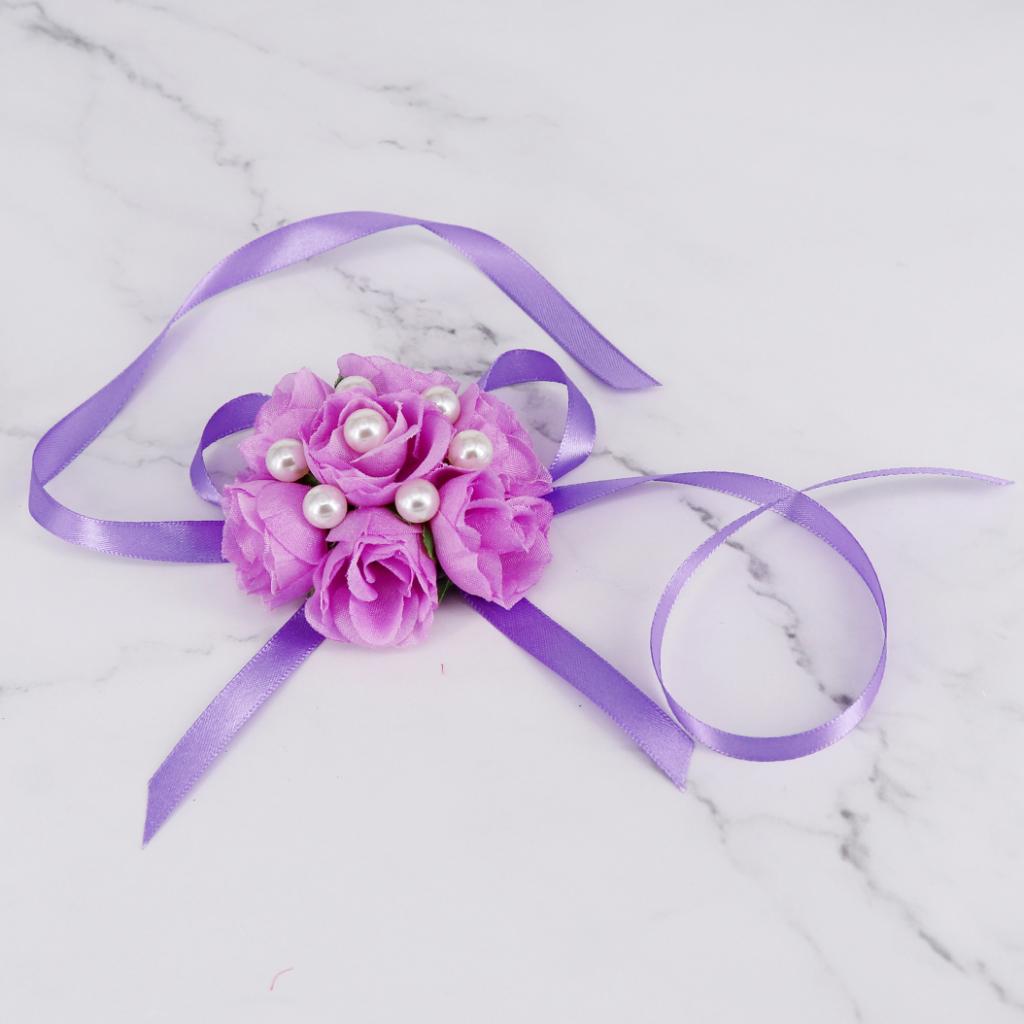 Wrist Corsage Bridal Stretchy Bracelet Wedding Prom Hand Flower  Purple